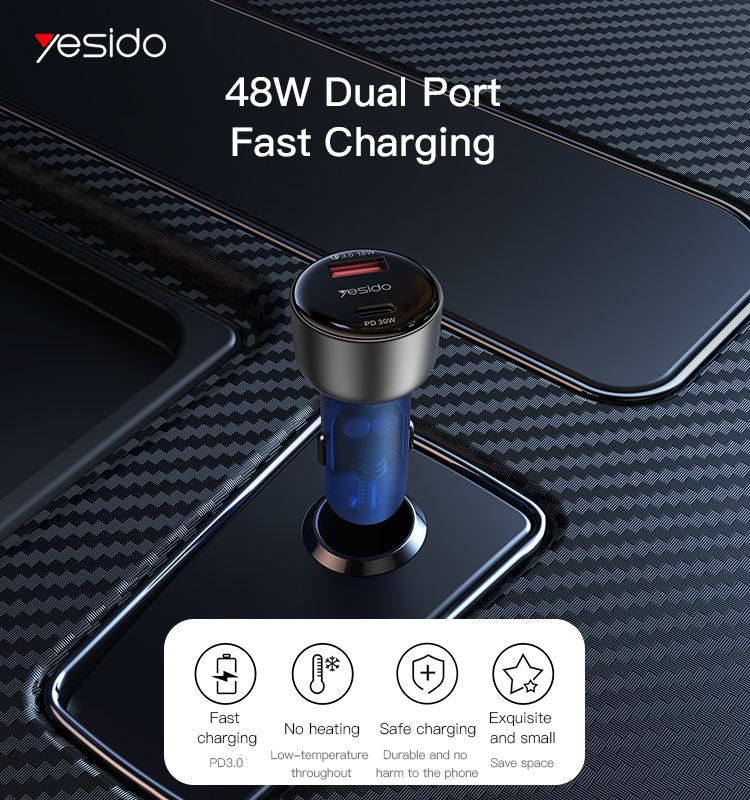 48W zinc alloy+ABS semi-transparent blue car charger Y52