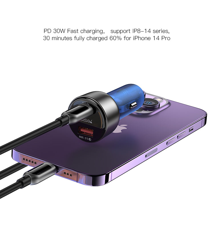 48W zinc alloy+ABS semi-transparent blue car charger Y52