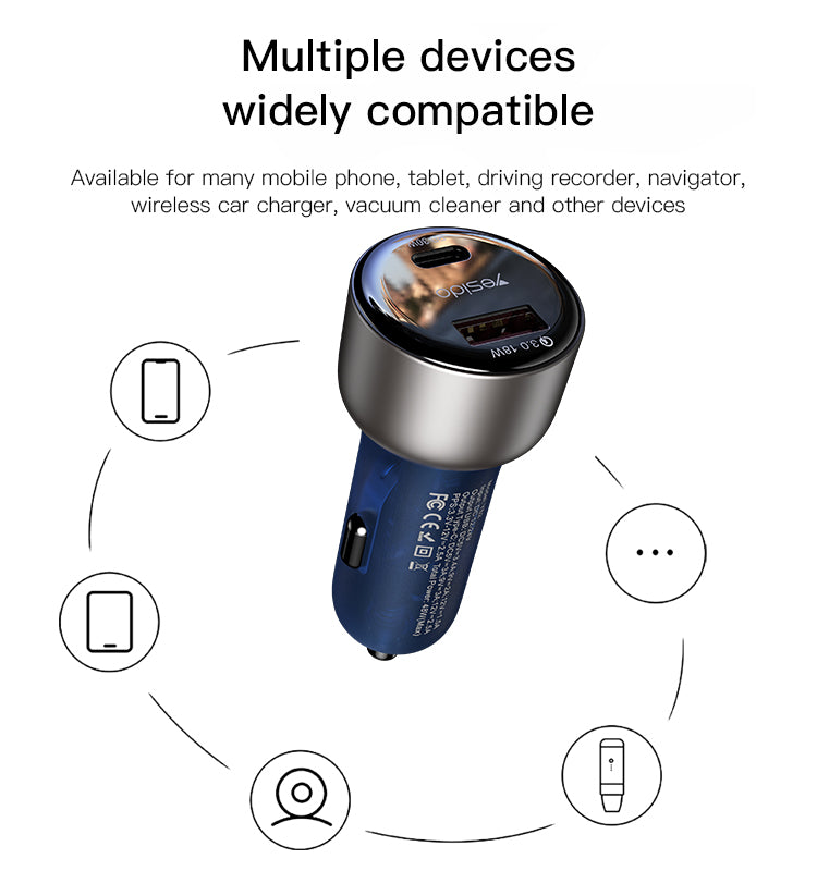 48W zinc alloy+ABS semi-transparent blue car charger Y52