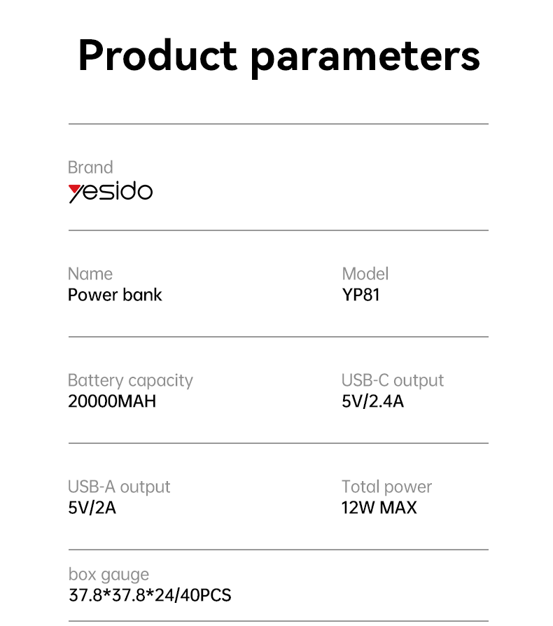 Power bank YESIDO YP81 BLACK