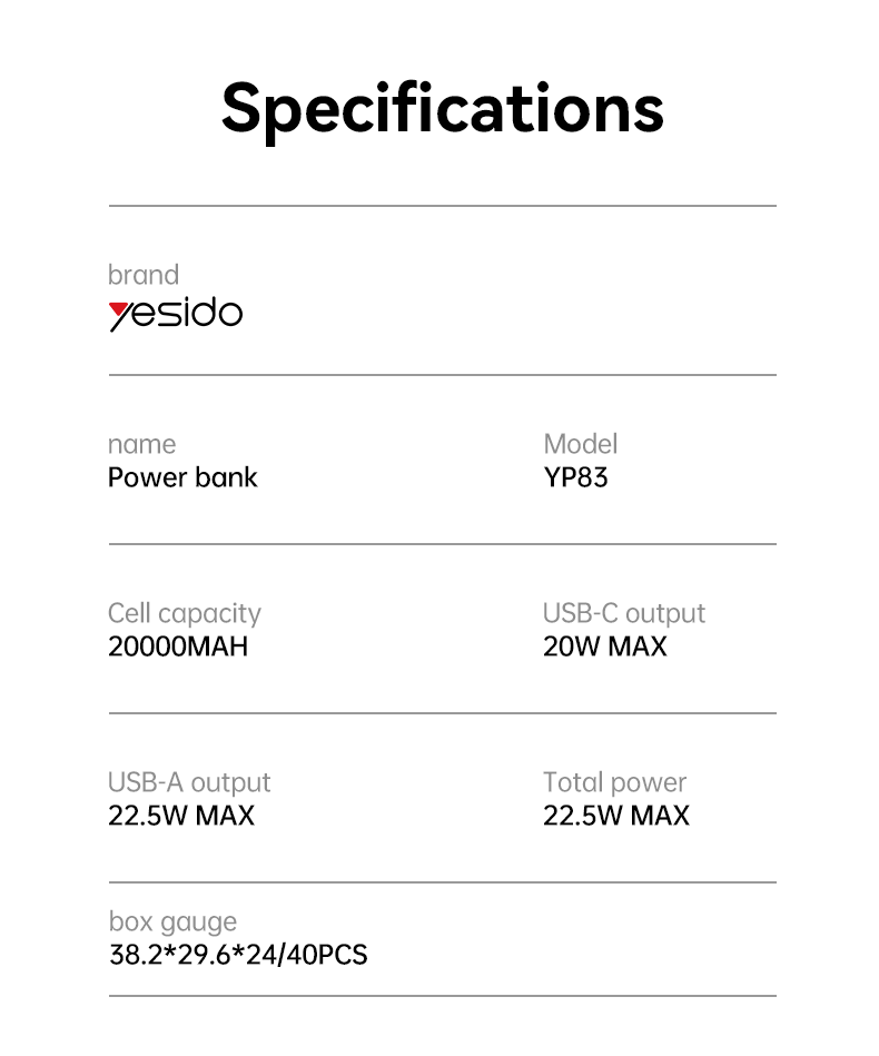 Power bank YESIDO YP83 BLACK