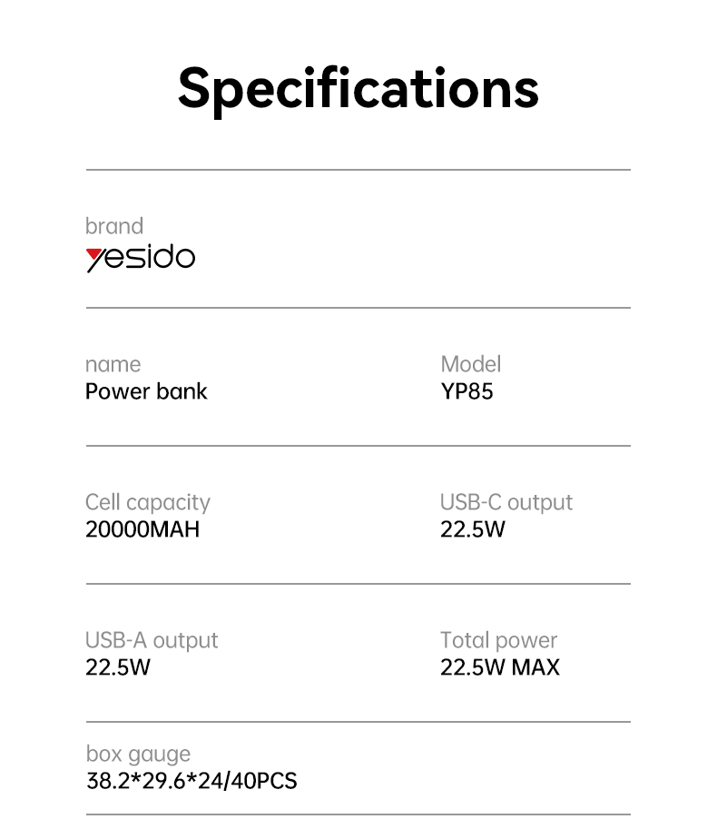 Power bank YESIDO YP85 BLACK