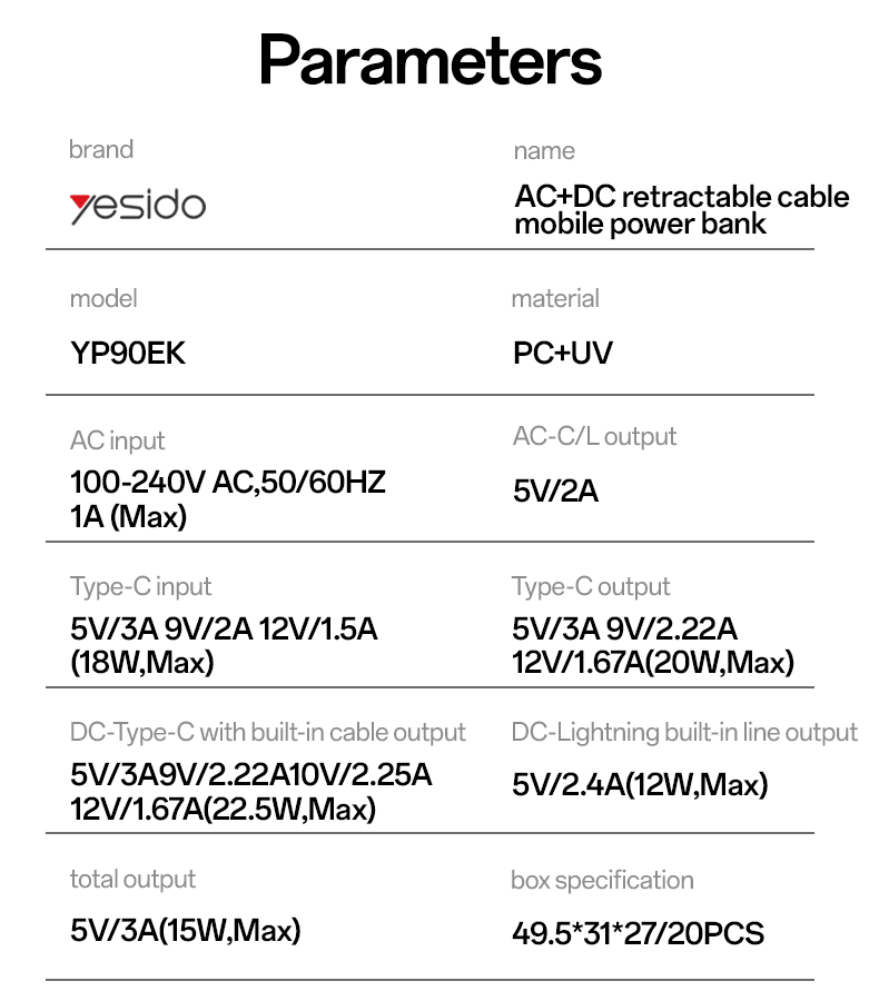 Power bank YESIDO YP90E GRAY