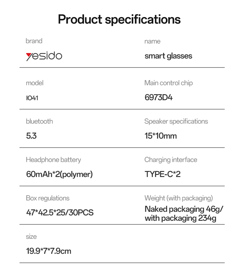 SMART GLASSES YESIDO IO41 Gray