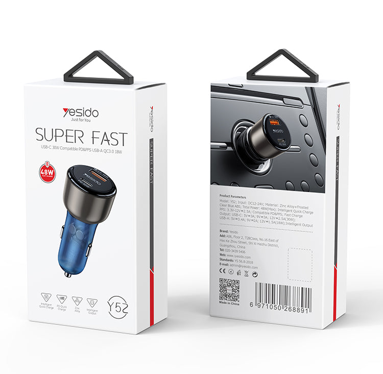 48W zinc alloy+ABS semi-transparent blue car charger Y52