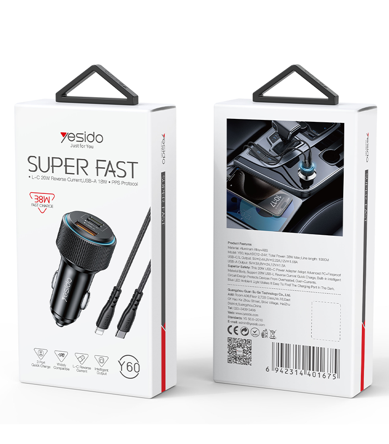 38W Fast Charging Car Charger Y60