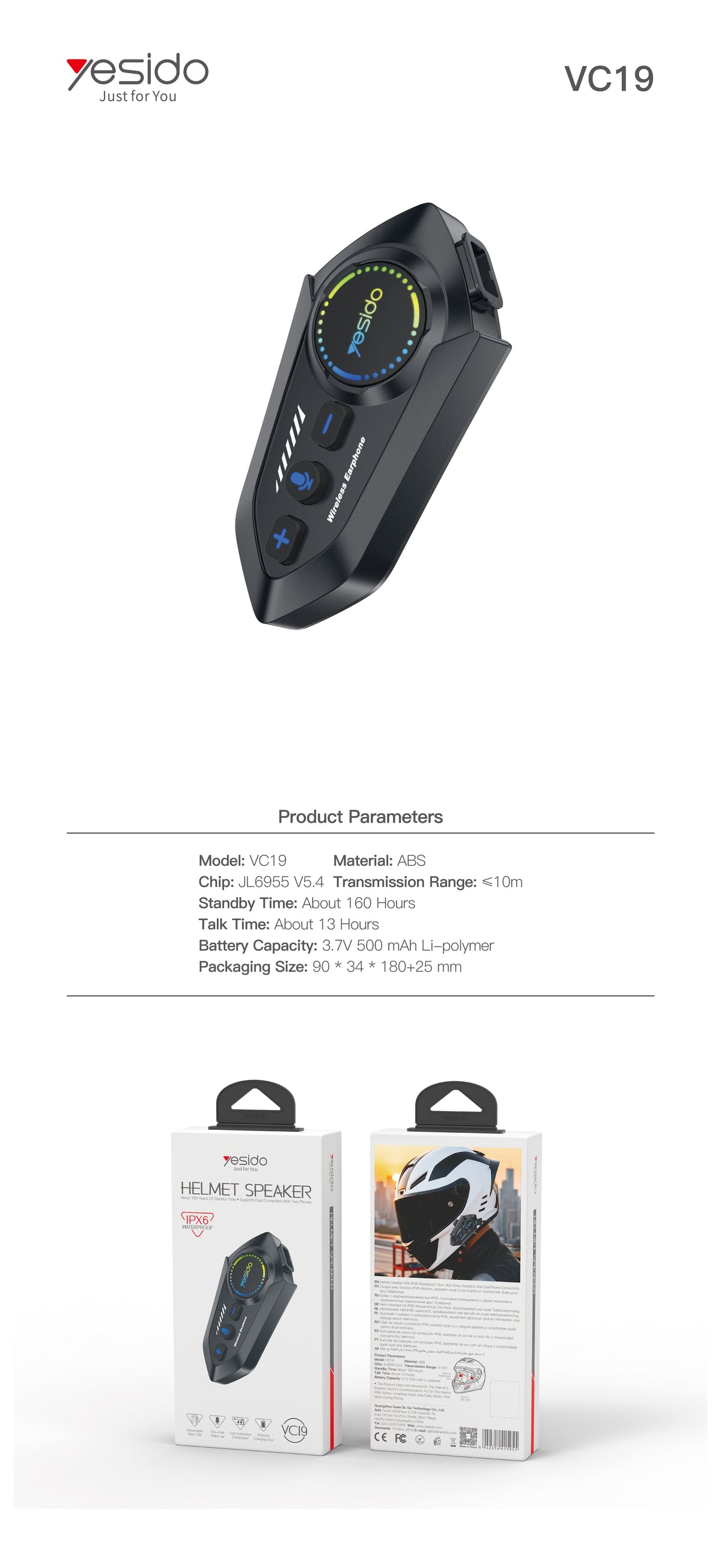 Helmet Speaker YESIDO VC19 BLACK