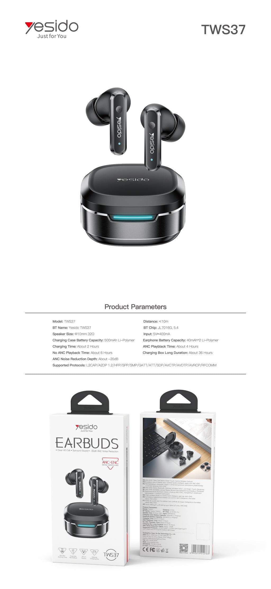 AIRPOD YESIDO TWS37 BLACK