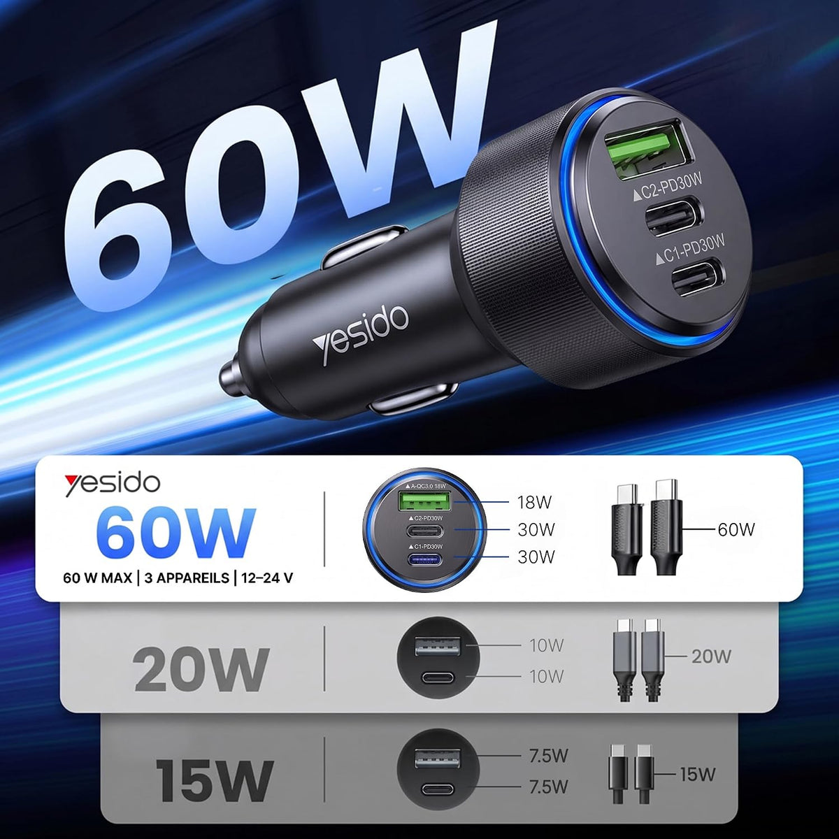 Car charger YESIDO Y50 BLACK