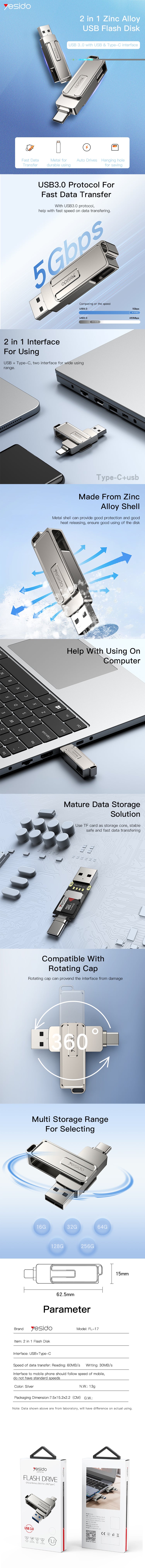 2 in 1 Type-C, USB-A adapter memory stick FL17