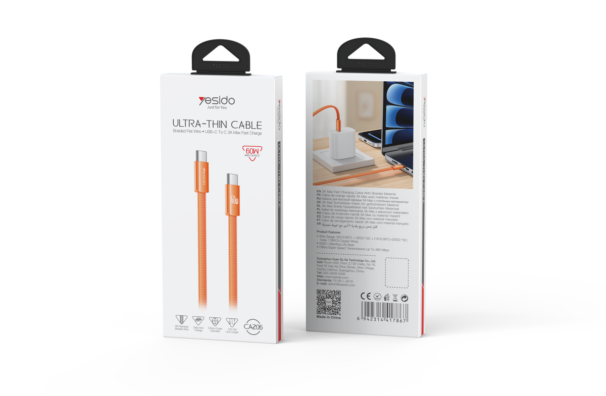 C-C 60W Braided Flat Data Cable CA206-orange