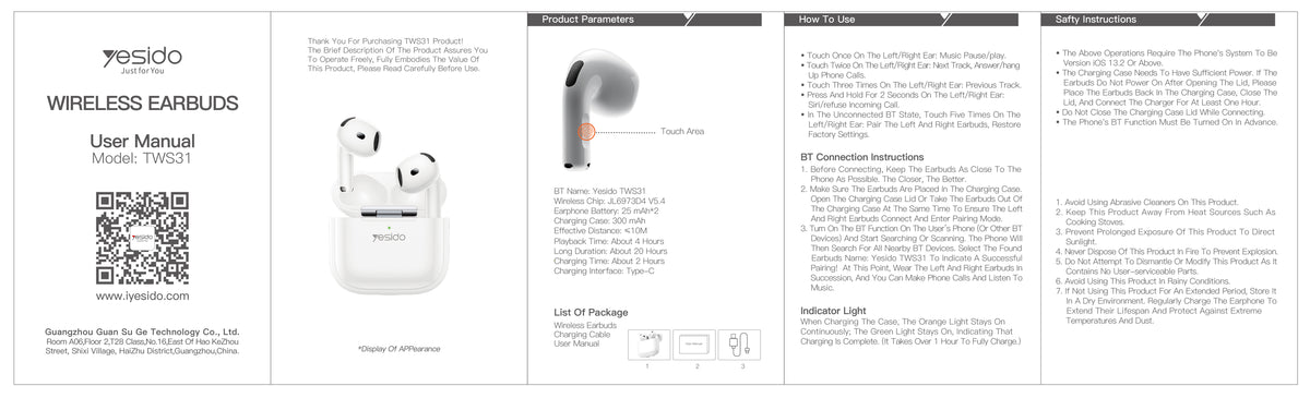 AIRPOD YESIDO TWS31 White