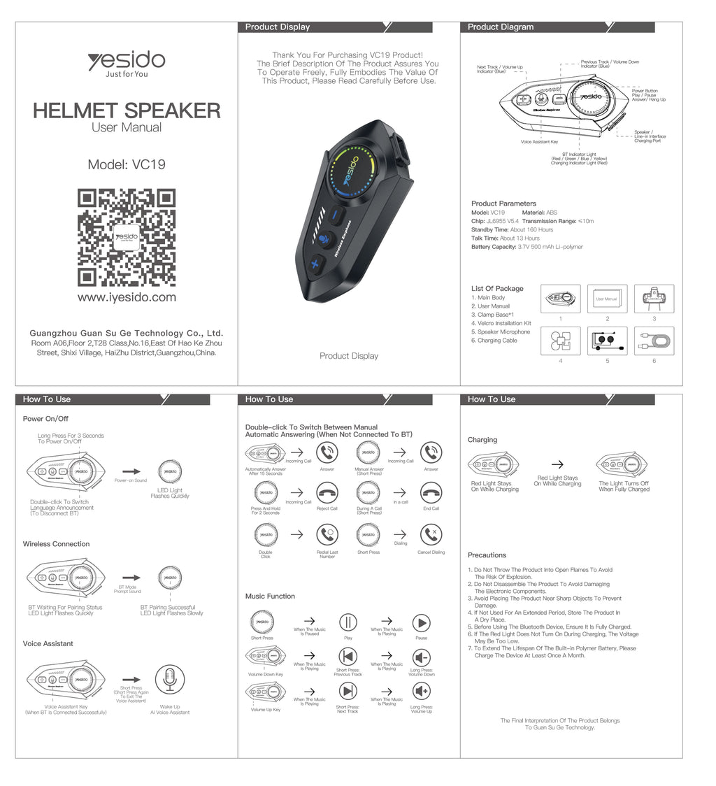 Helmet Speaker YESIDO VC19 BLACK