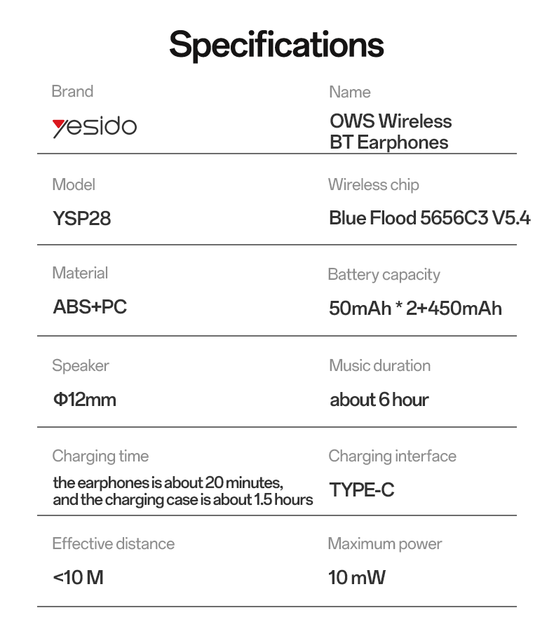 AIRPOD YESIDO YSP28 Black