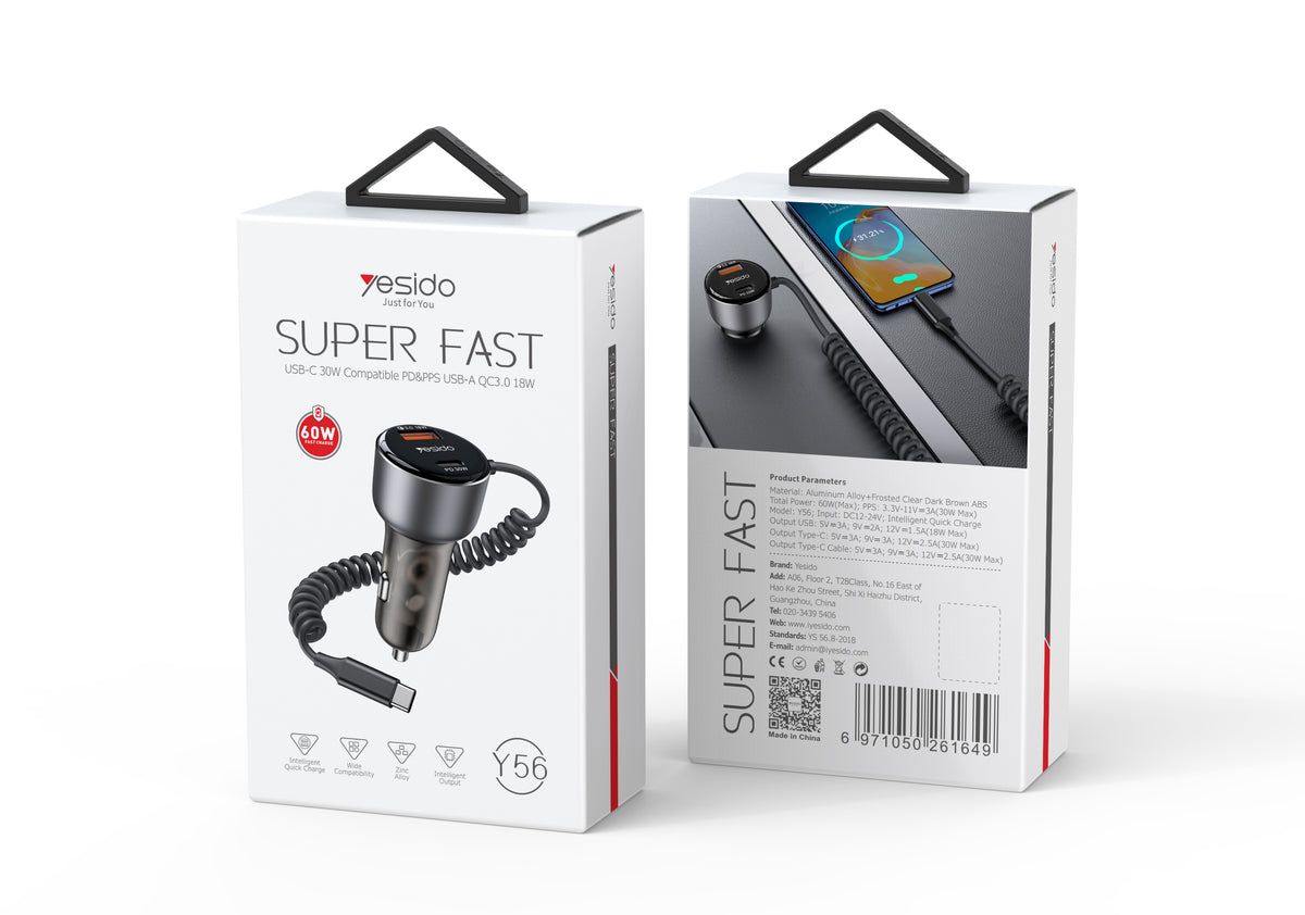 60W Fast Charging Car Charger(Built-in TC Cable) Y56