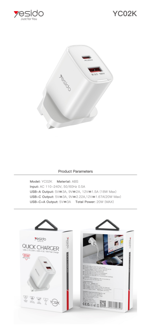 20W Fast Charging Home Charger(USB-A+TC) YC02K