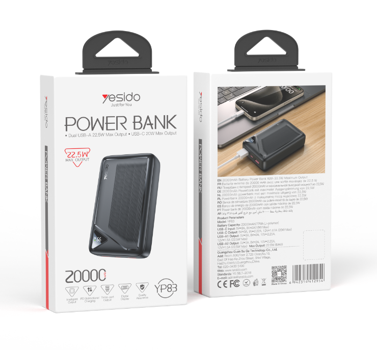 20000mAh  Digital display 22.5W fast charging  Power bank YP83