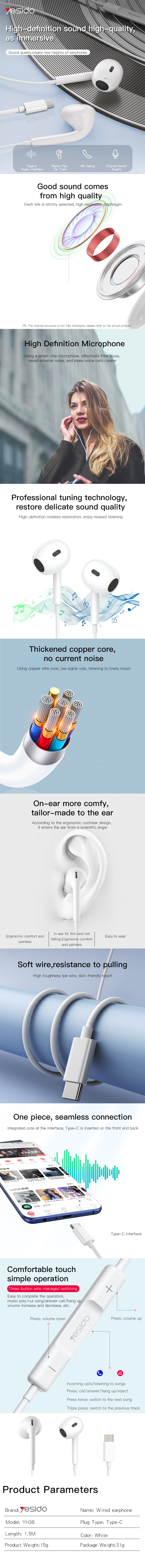 EARPHONE YESIDO YH38 White